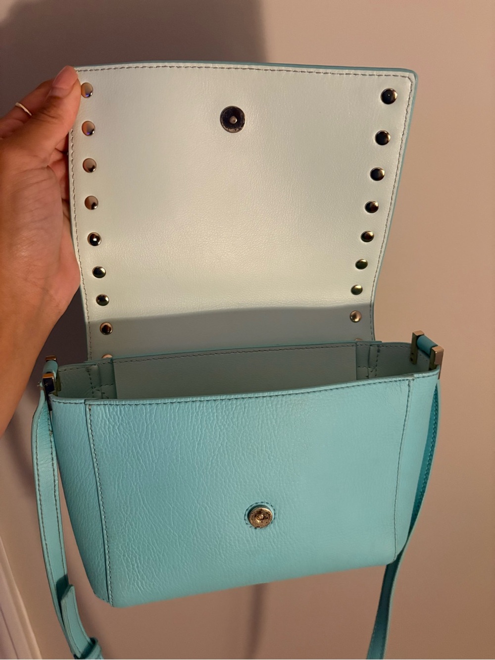 kate spade aqua leather studded flap crossbody with gold accents - Picture 4 of 4